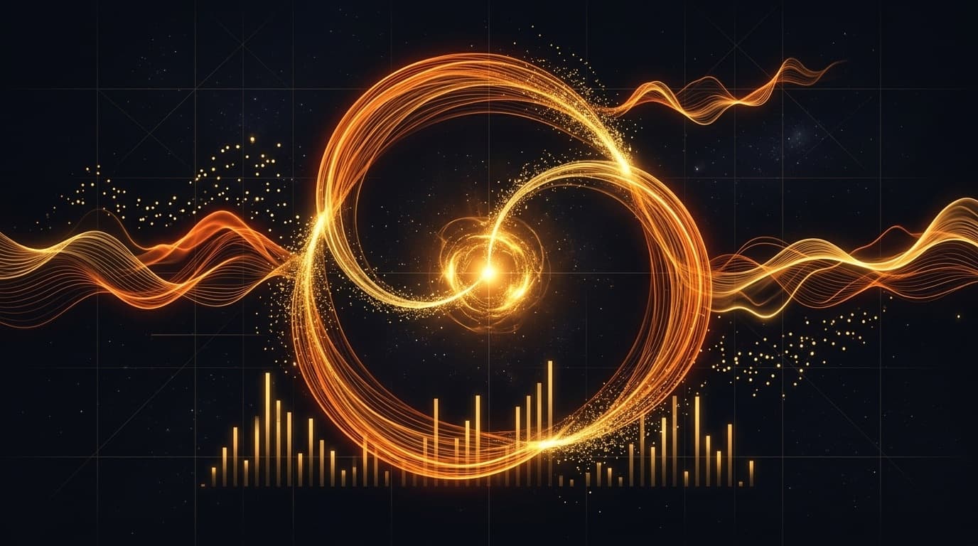 Abstract circular loop of orange energy with gold particles streaming along its path on a dark background