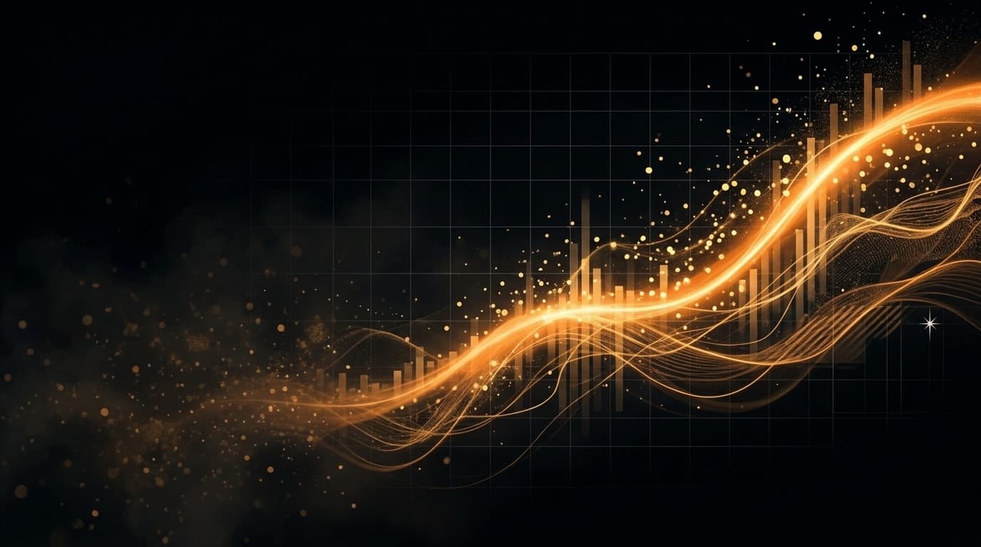 Abstract orange energy stream rising out of scattered particles on a dark background