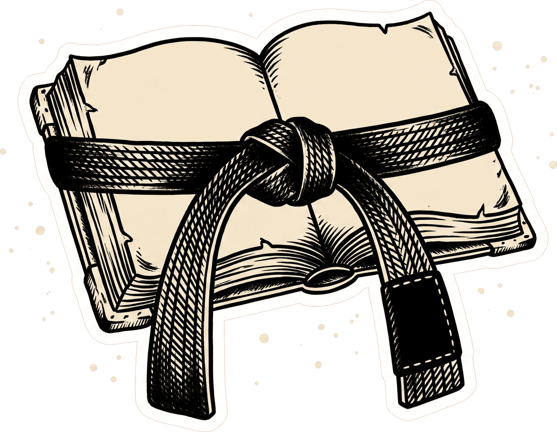 American traditional tattoo illustration of an open cream ship's logbook with blank pages, a knotted black jiu-jitsu belt tied across it and both belt tails hanging evenly below, drawn as a die-cut sticker
