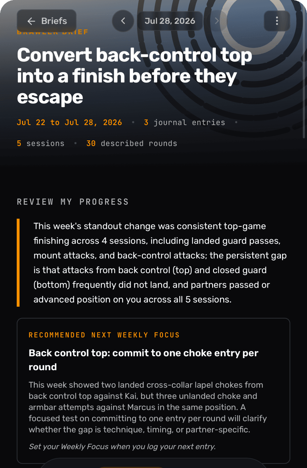 BRAWLER AI weekly Brawler Brief titled Convert back-control top into a finish before they escape, with a progress review and a recommended next weekly focus