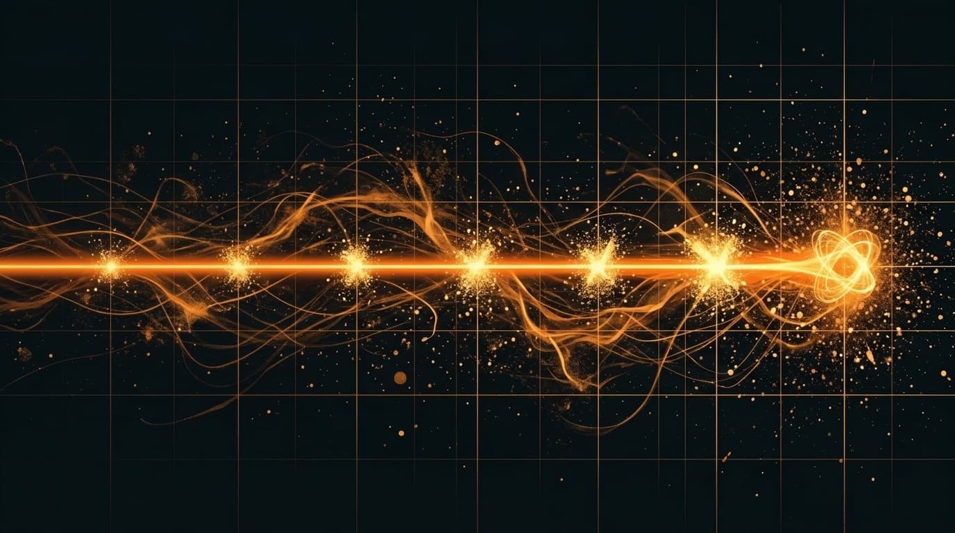 Abstract steady beam of orange light crossing a dark frame with seven gold particle bursts along its path