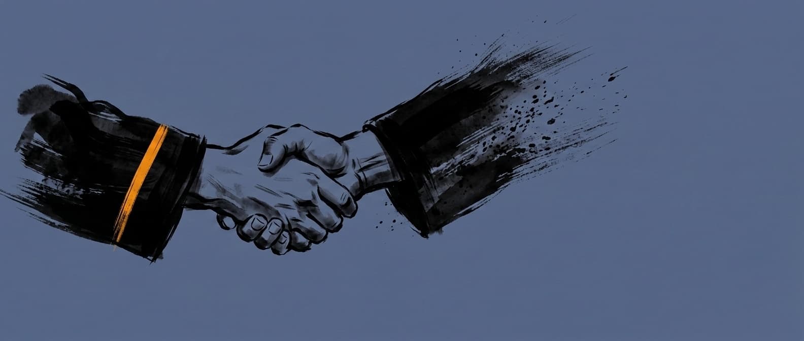 Ink brush illustration of two gi-sleeved arms clasped in a grip handshake