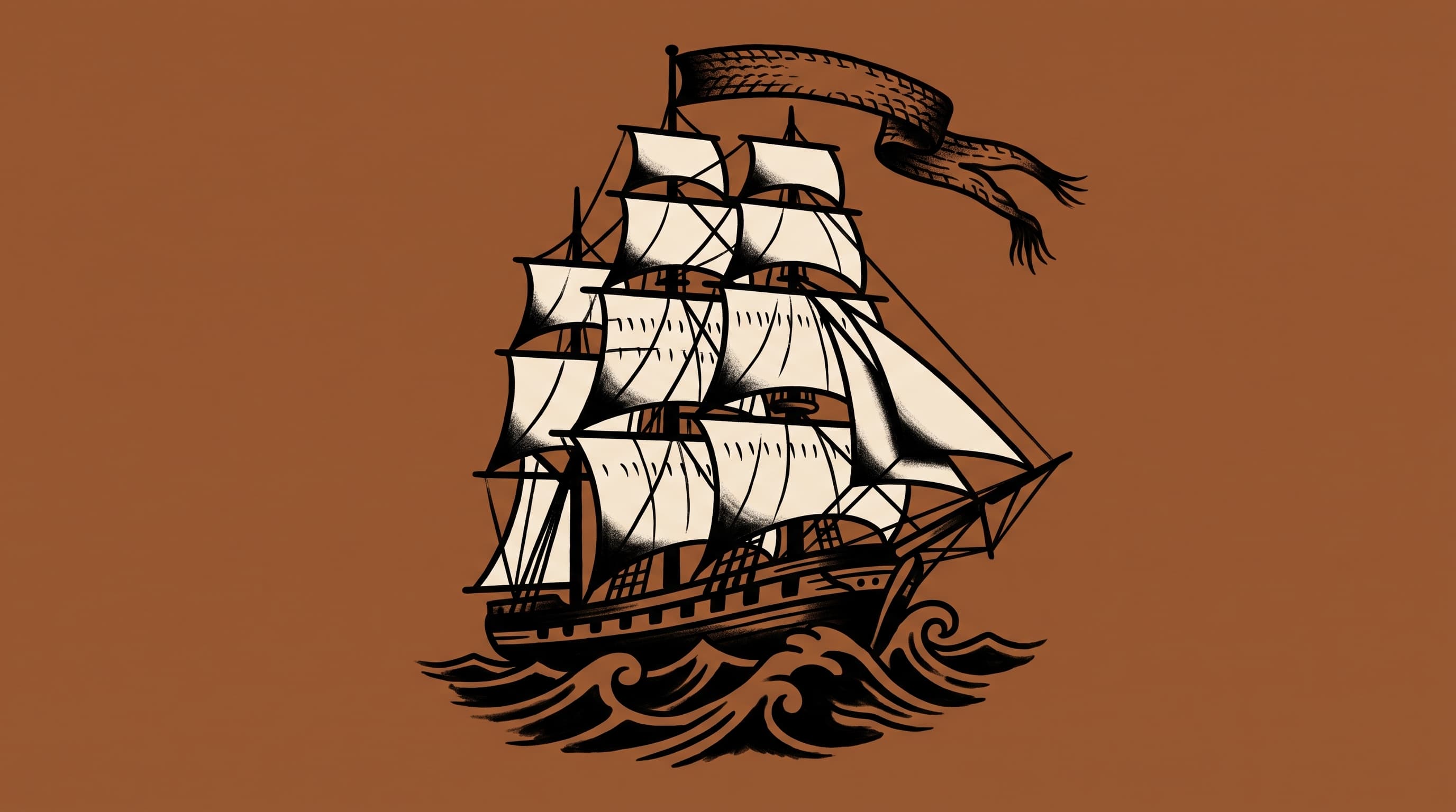 American traditional tattoo illustration of a tall ship under cream sails riding black waves, flying a belt pennant, on a burnt umber field