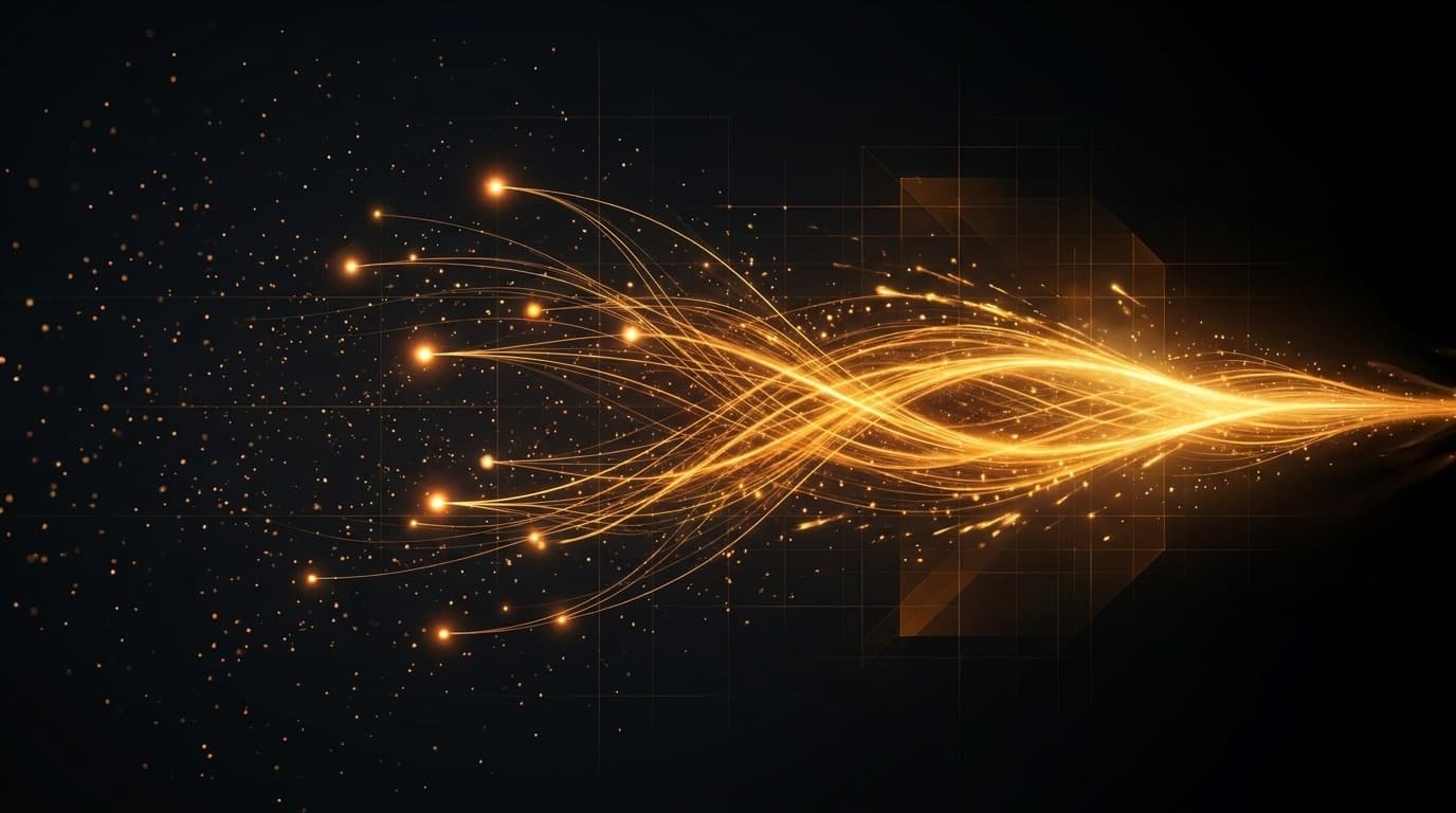 Abstract visualization of scattered gold particles on a dark background linked by thin luminous threads that converge into one bright orange stream
