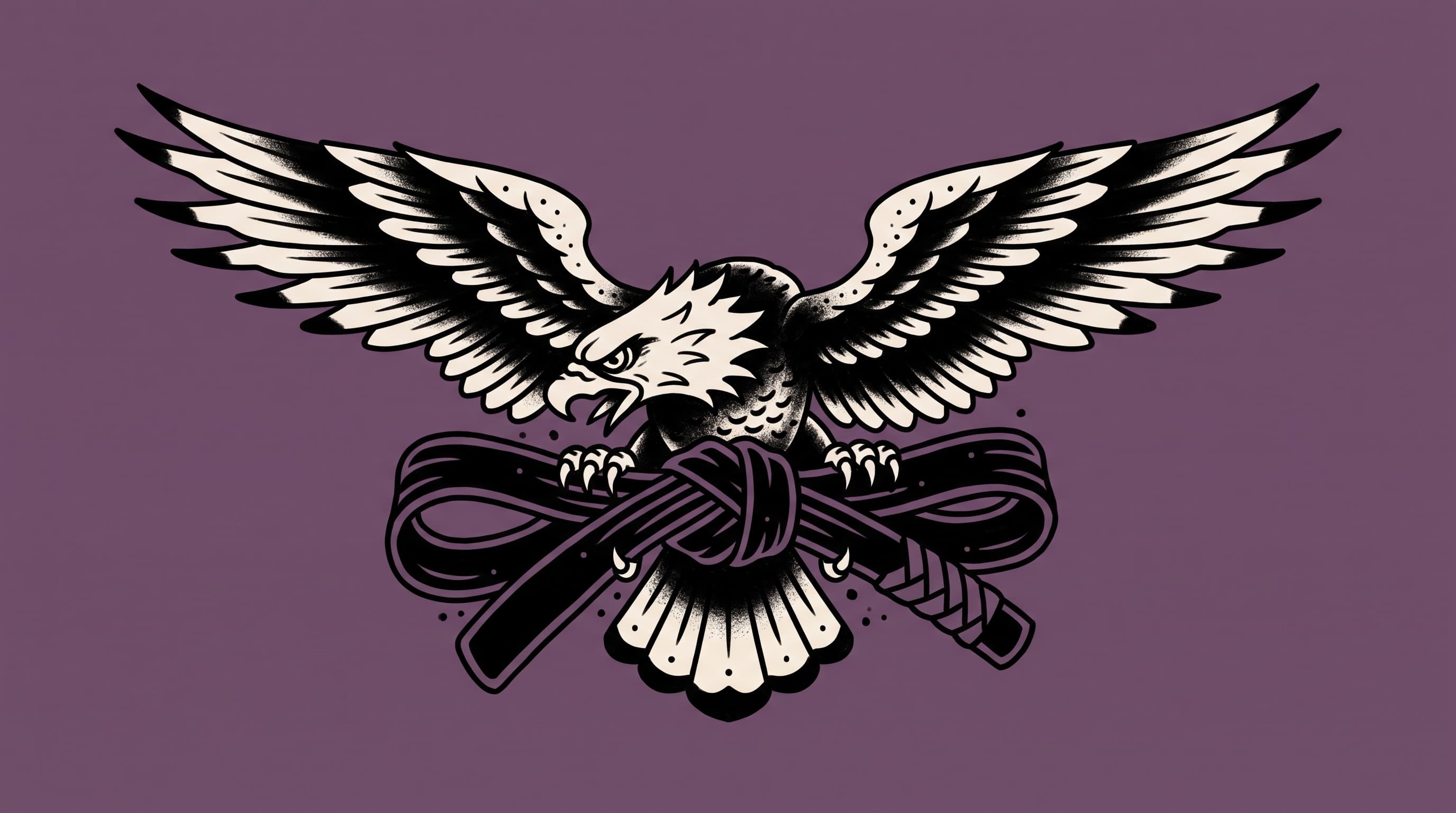 American traditional tattoo illustration of an eagle with spread wings clutching a knotted black belt on a muted plum field