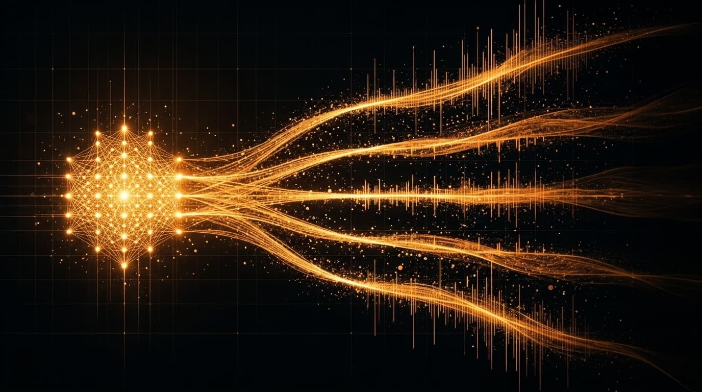 A single ordered lattice of light on the left radiating several synchronized parallel streams of glowing particles to the right on a dark background