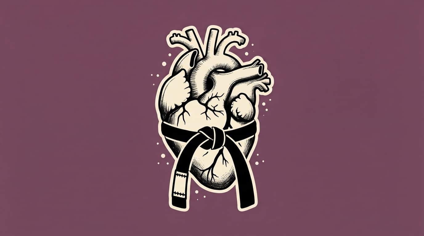 American traditional tattoo illustration of a cream anatomical heart with a knotted black belt threaded through its vessels on a muted plum field