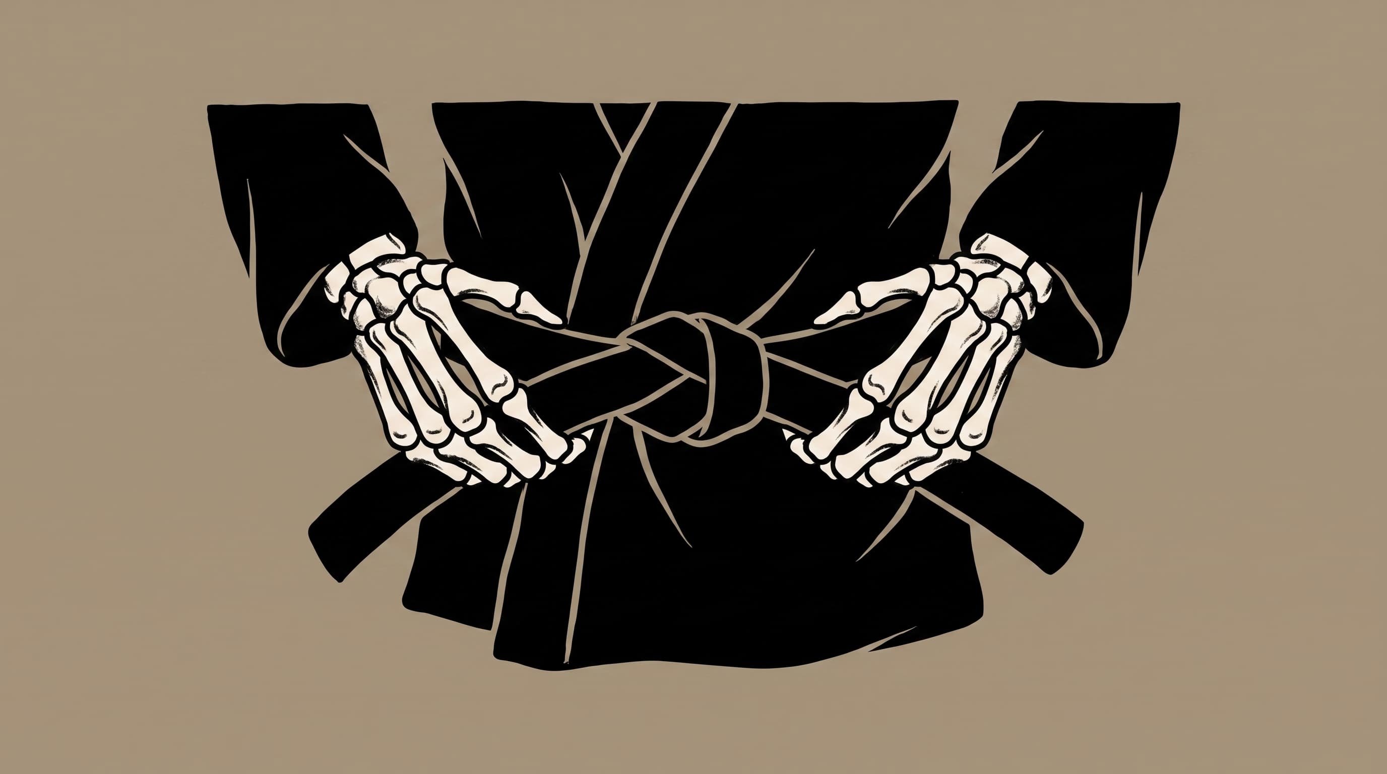 American traditional tattoo illustration of skeletal bone hands tying a black belt around a black gi on a warm stone field