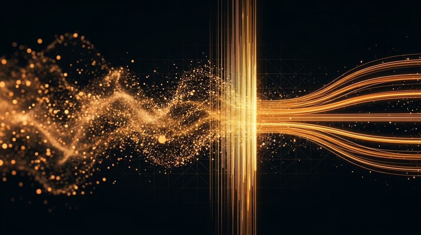 A loose cloud of glowing particles passing through a bright vertical band of light filaments and emerging as orderly parallel streams on a dark background