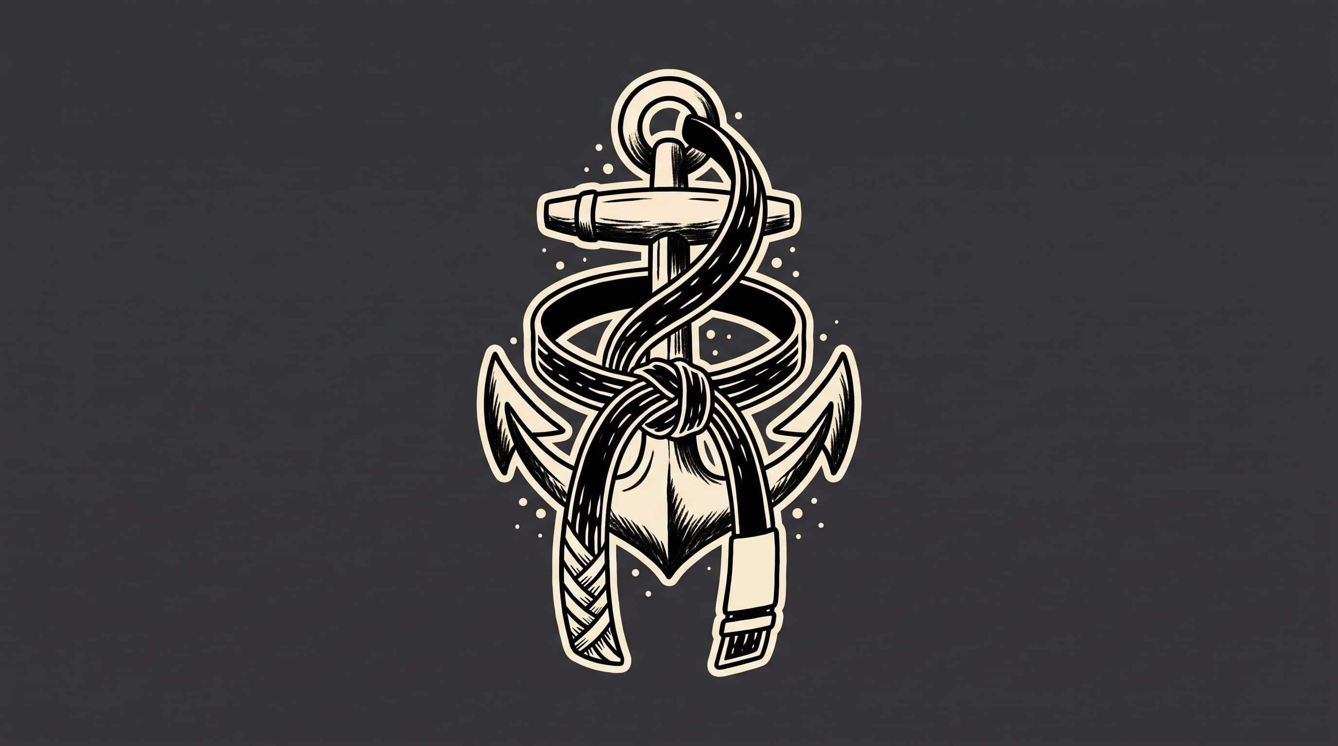 American traditional tattoo illustration on deep charcoal of a cream anchor with a black belt wrapped around it