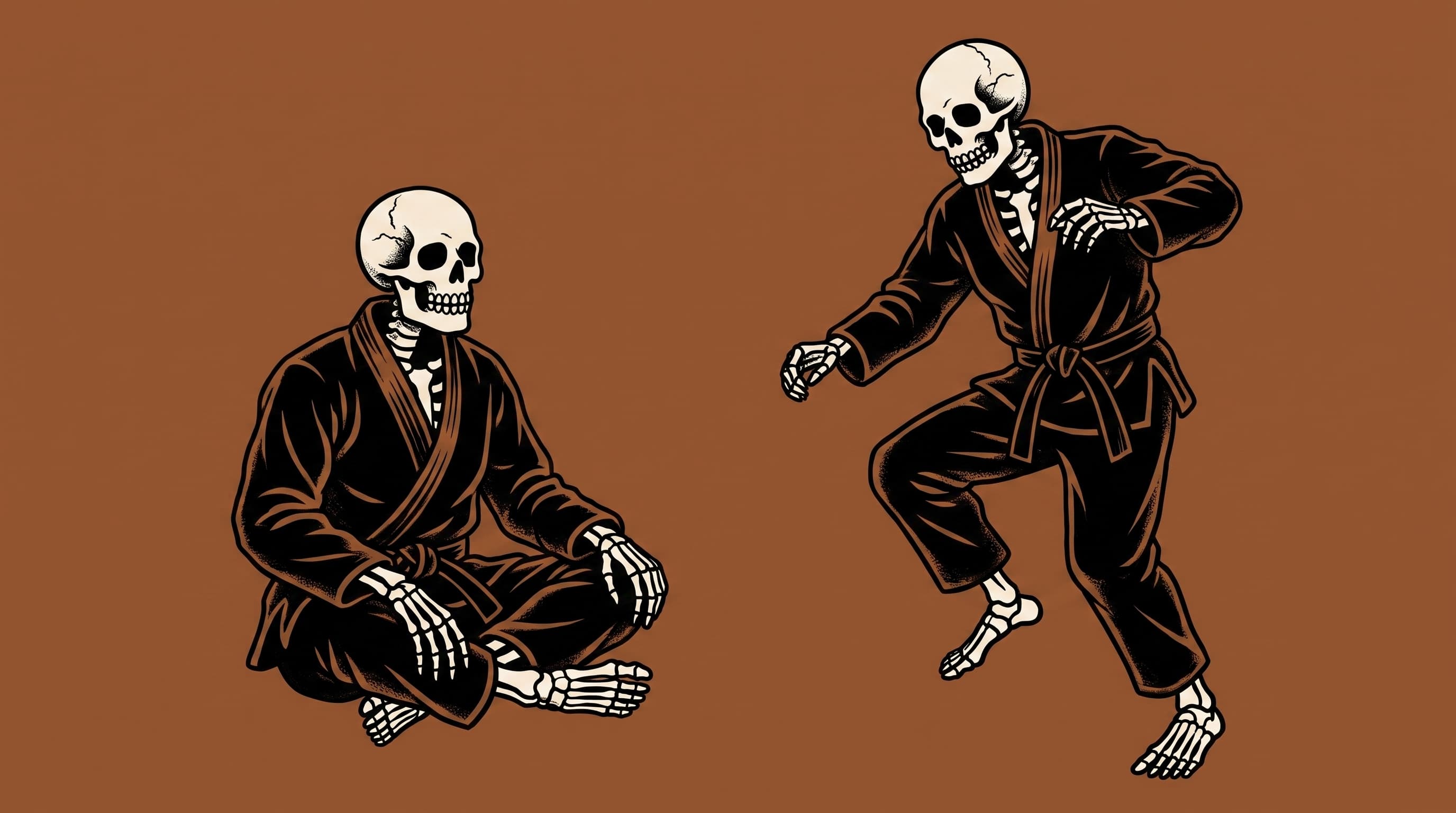 American traditional tattoo illustration of two skeletons in black gis on a burnt umber field, one seated watching while the other moves