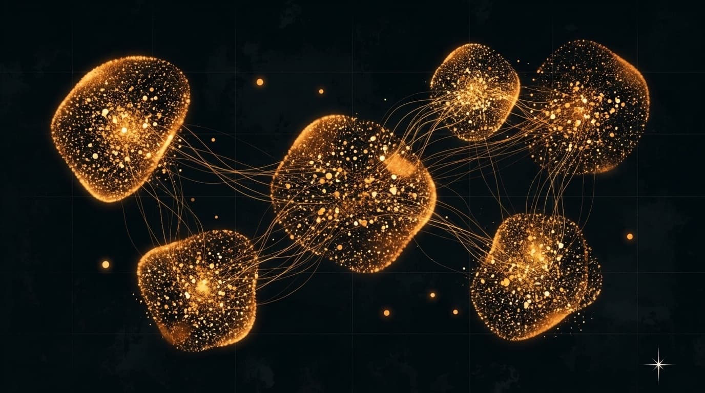 Abstract clusters of glowing gold particles on a dark background connected by thin threads of light, with a few faint particles drifting unassigned between them