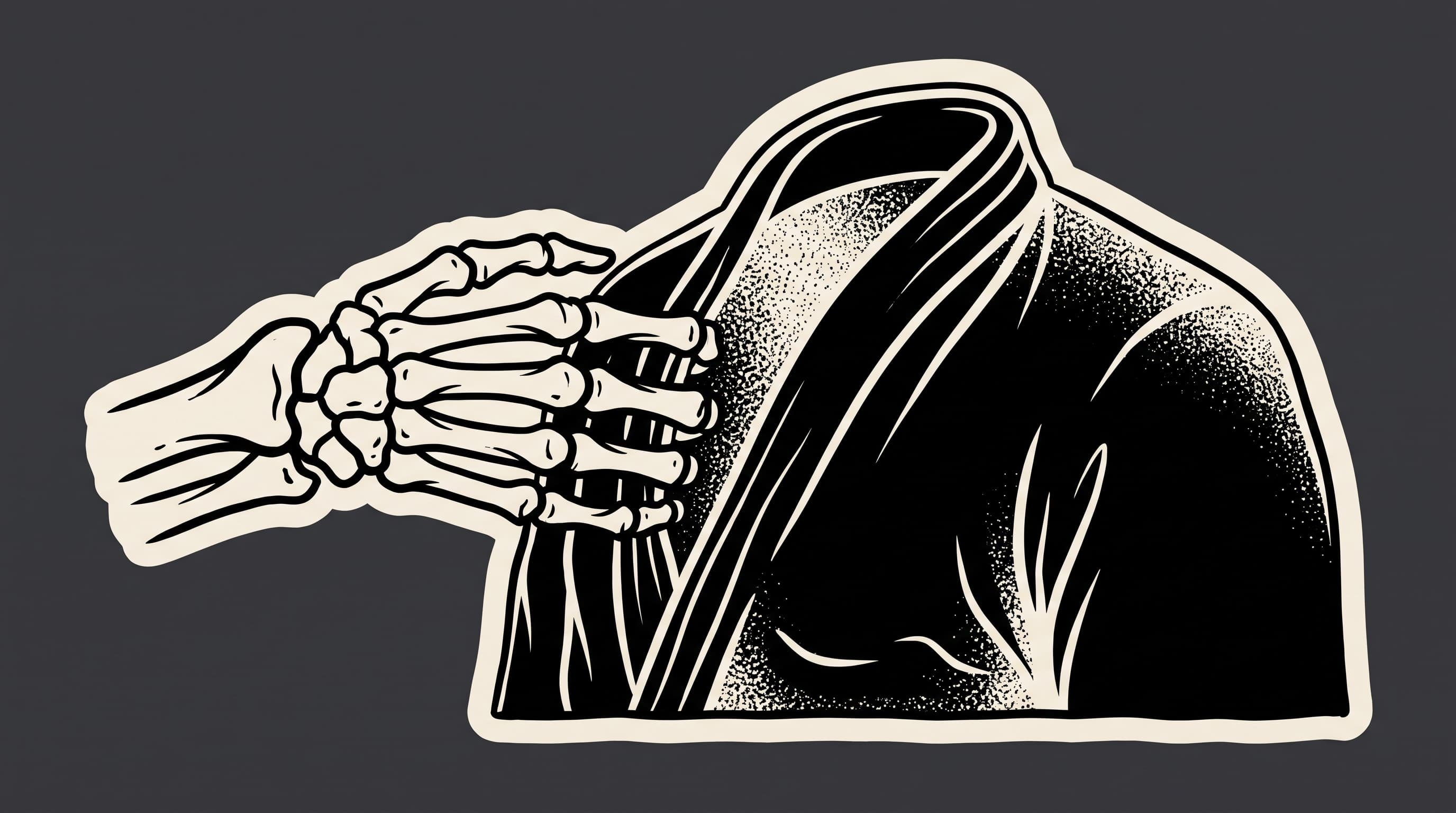 American traditional tattoo illustration on deep charcoal of a skeletal hand gripping the lapel of a partner's black gi, drawn as a cream die-cut sticker