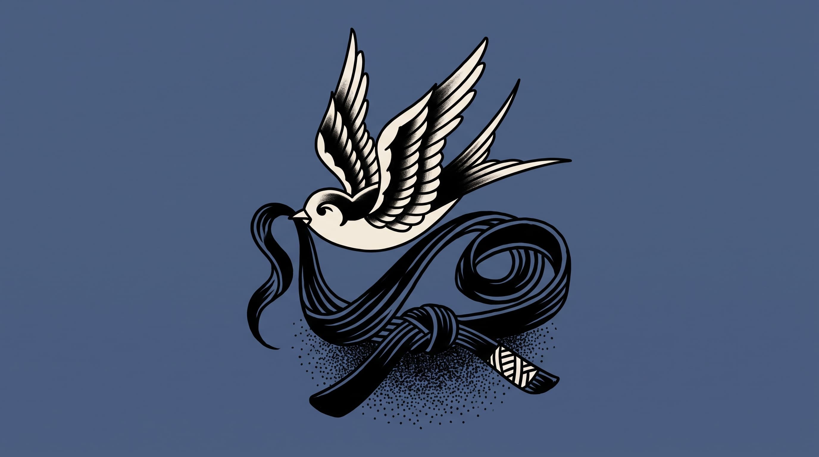 American traditional tattoo illustration of a cream swallow in flight carrying a black belt in its beak on a dusty indigo field