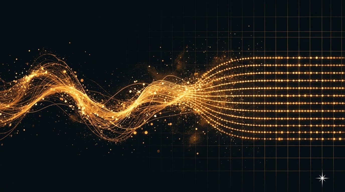 A loose glowing wave of particles crystallizing into neat ordered rows of light on a dark background