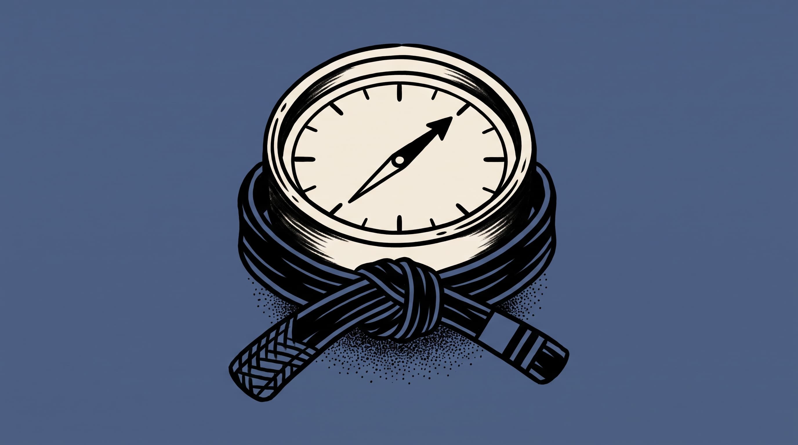 American traditional tattoo illustration of a pocket compass with a black belt knotted around its base on a dusty indigo field