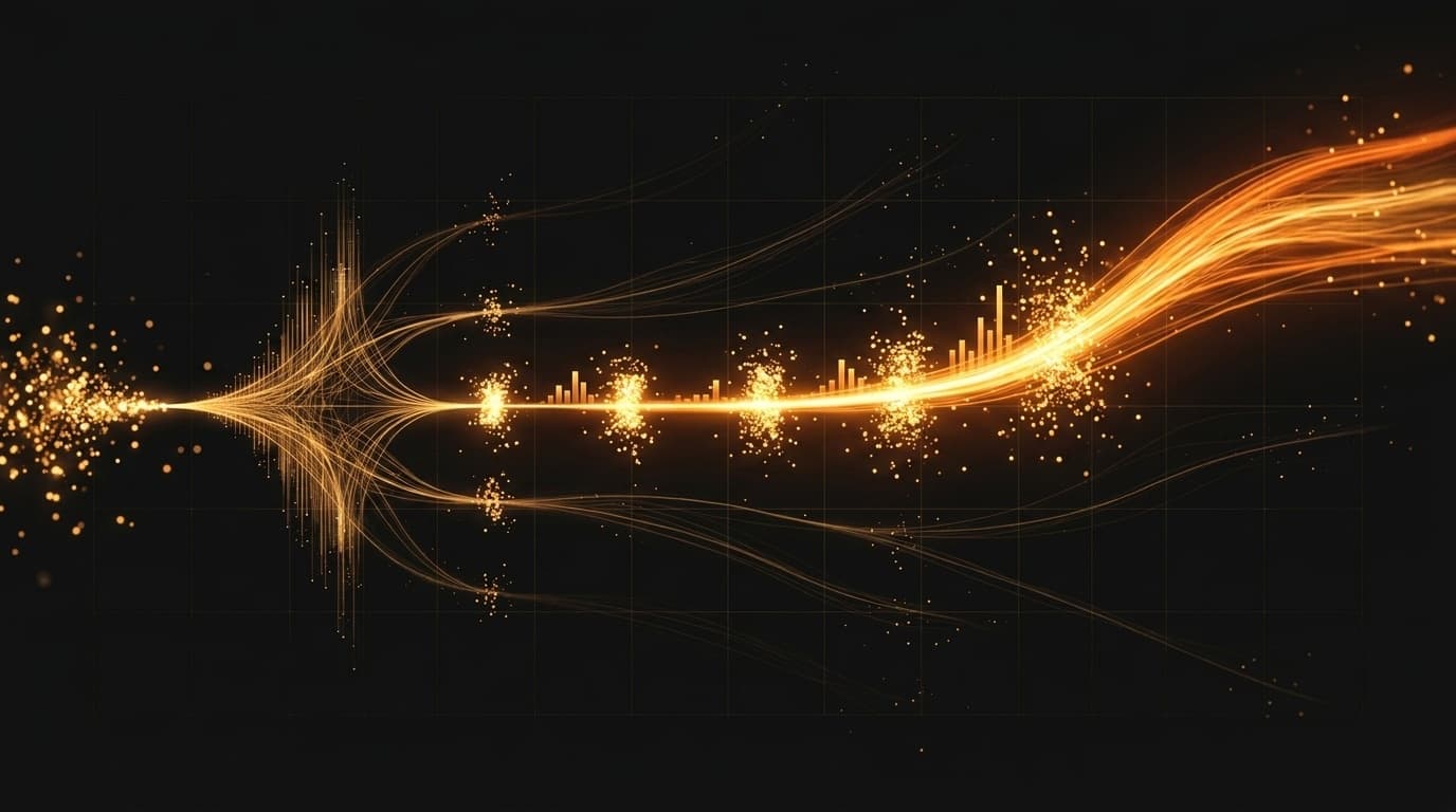 Abstract branching orange energy paths with one bright reinforced path pulling ahead on a dark background
