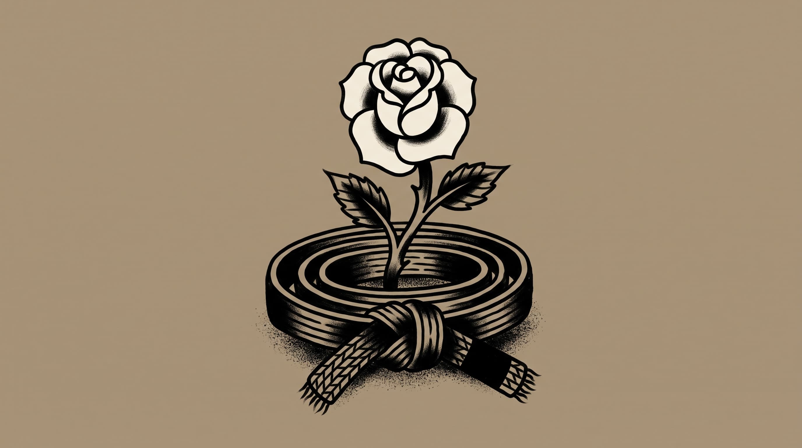 American traditional tattoo illustration of a cream rose blooming through a coiled black belt on a warm stone field