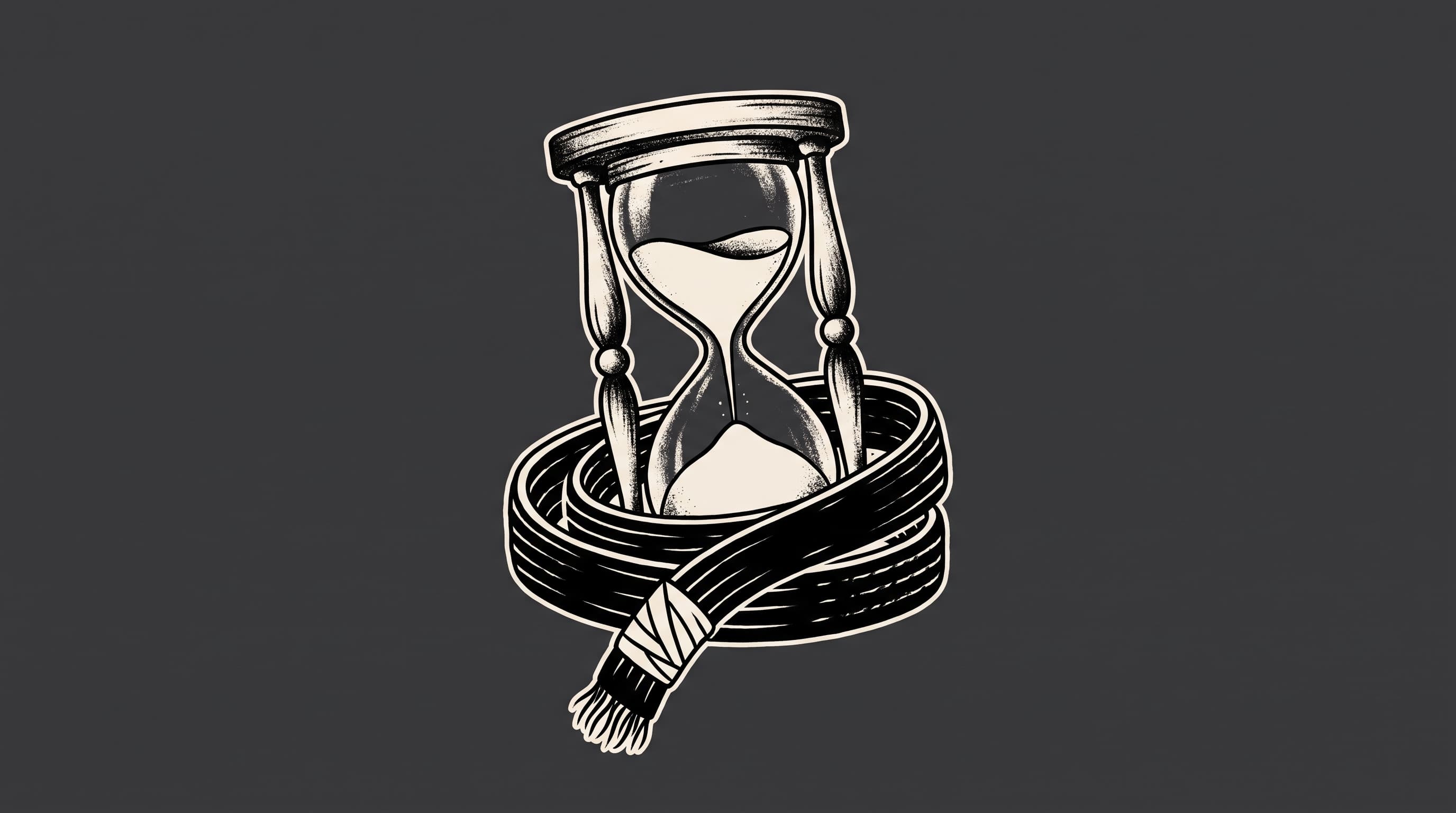 American traditional tattoo illustration on deep charcoal of a cream hourglass with a black belt coiled around its base